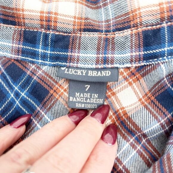 Lucky Brand Kids Boys Orange Blue Flannel Plaid Button Down Shirt Size 7 - Picture 3 of 4